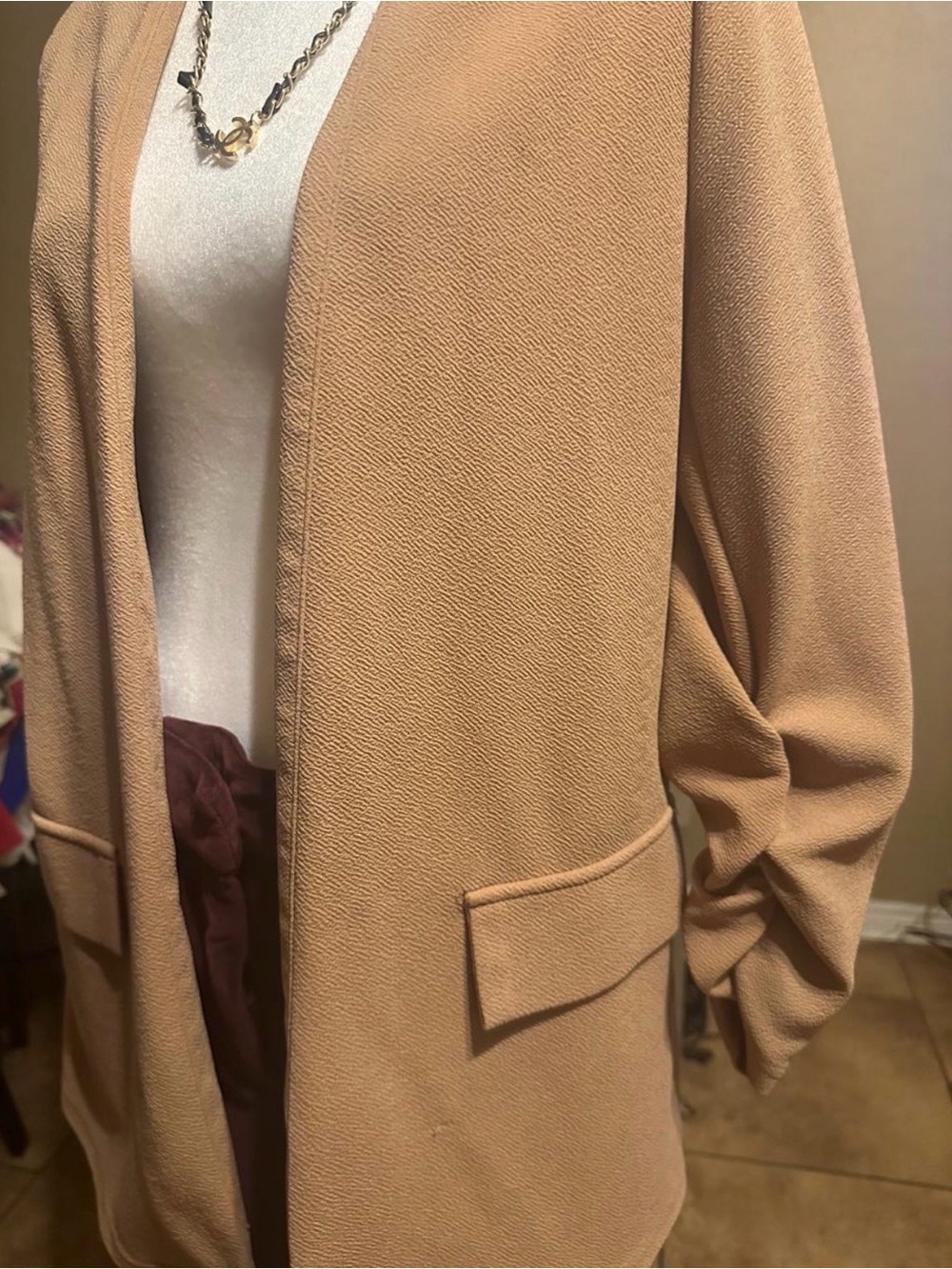 Classic Camel Open-Front Women's Sweater Jacket